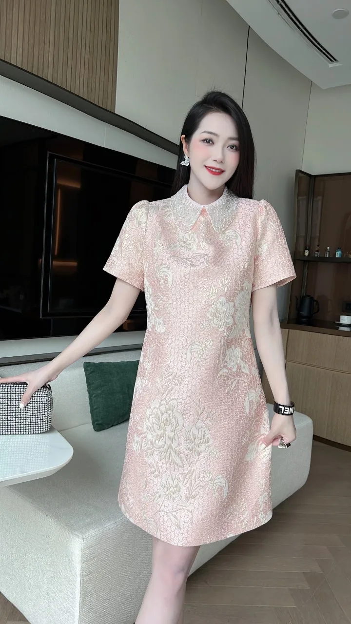 

2023 Spring/Summer Fashion New Women's Clothing Beaded Collar Doll Collar A- line Dress 0814