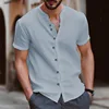 New Style Men's Shirt Summer Fashion Trend Stand-Up Collar Cotton Hemp Button Casual Slim Short Sleeve Top 6