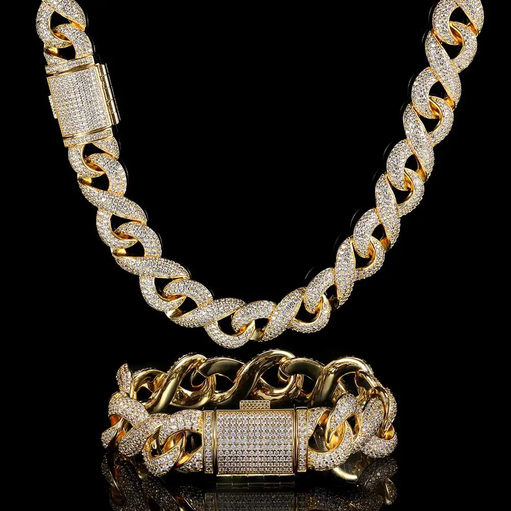 15mm Width Hip Hop Men Box Clasp Necklace Bling Iced Out Cubic Zirconia 8-Word Link Chain Jewelry Infinity Necklace