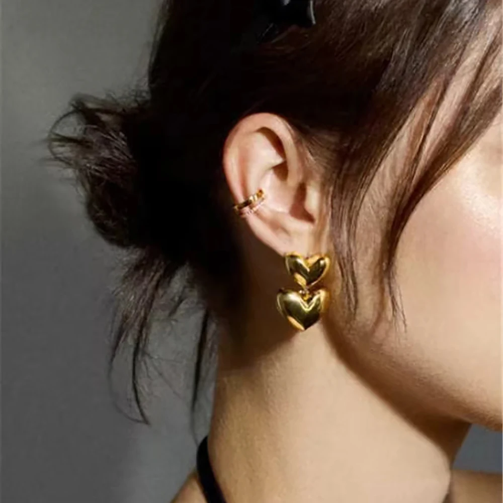 316 Stainless Steel Double-layer Glossy Gold Plated Heart Shape Dangle Earrings Anti Allergic Metal Wedding Bride Charm Jewelry