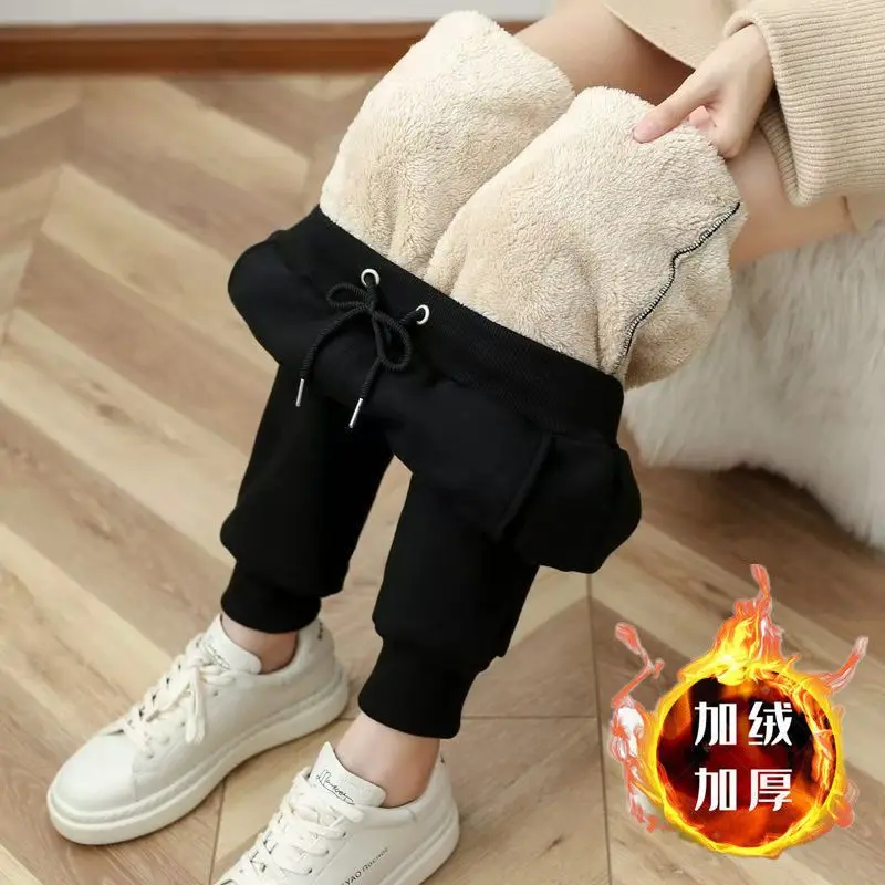 Winter New Elastic Waist Lacing Sports Pants Ladies Solid Loose All-match Fleece Casual Pants Vintage Fashion Women Clothing