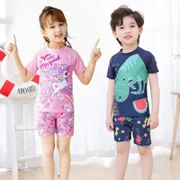2024 Summer Children Beach Suits T-shirts+Shorts Unisex Boys Girls Two Pieces Swimwear Kids Cute Surfsuit Cartoon Print Swimsuit 1