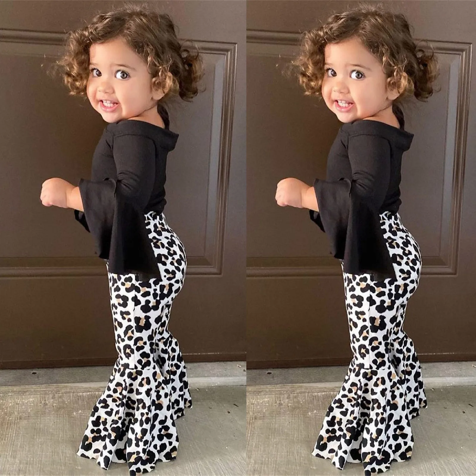 

Baby Girl Clothes Set T-shirt Tops+ Leopard Print Bell-bottomed Pants Kids Clothes Girls Set Flared Pants OutfitsДетская Одежда