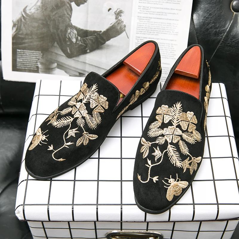 New Loafers for Men Flock Embroider Black Casual Shoes Slip-On Breathable Handmade Free Shipping Mens Dress Shoes Size 38-48 - 4