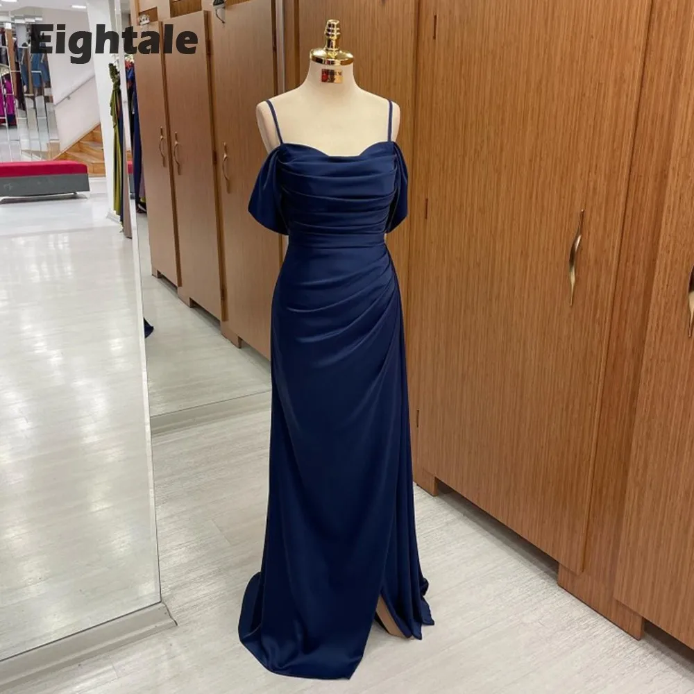 

Eightale Navy Blue Evening Dresses Arabic Spaghetti Strap Off Shoulder Satin Mermaid Prom Party Gowns formal occasion dresses