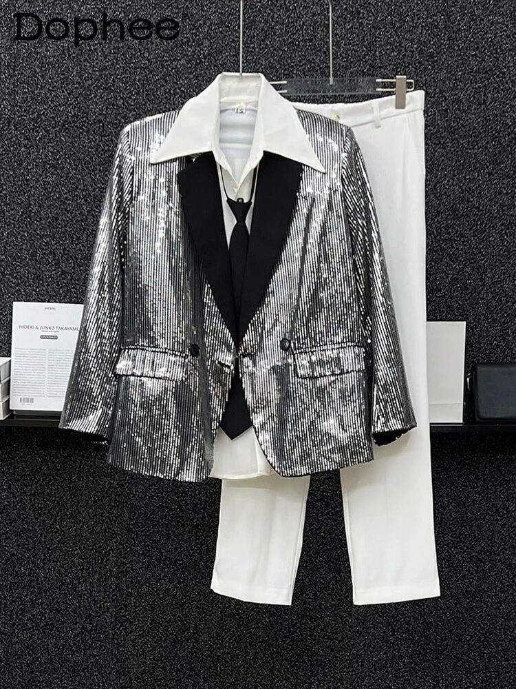 

Men's 2024 New Unique High-End Male Blazers Loose Casual Padded Shoulder Long Sleeve Suit Jackets Full Body Sequins Suit Jacket