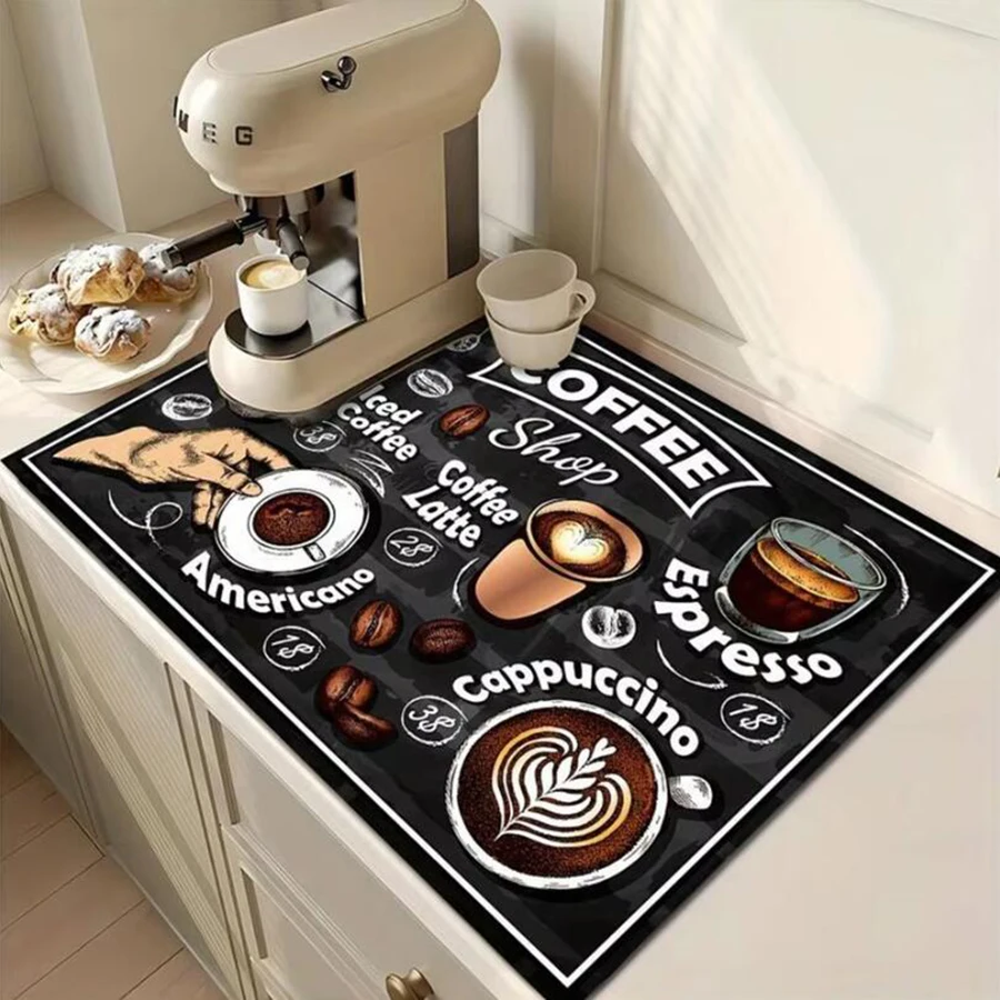 Vintage Coffee Print Kitchen Drying Mat Super Absorbent Stain-Hiding Dish Pad with Non-Slip for Coffee Machines Countertops