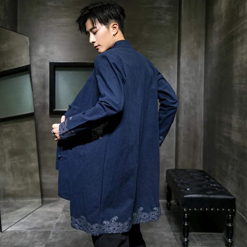 2025 Spring Men Linen Embroidery Coat Kimono Vintage Long Trench Jacket Male Chinese Style Loose National Streetwear Hanfu Robe