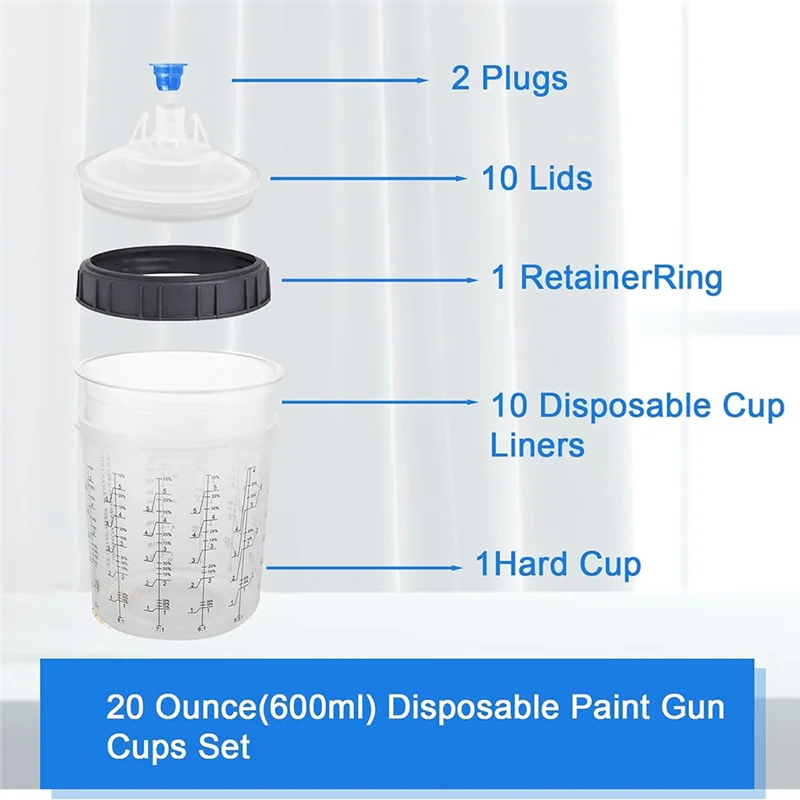ABJO-일회용 페인트 Guncup 스프레이 Guncup 라이너 및 캡 시스템 HVLP 용 투명 페인트 분무기 혼합 컵