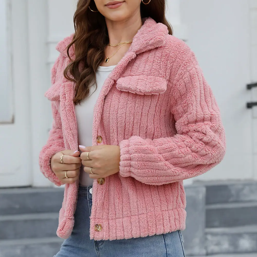 

Winter Women Teddy Fleece Sweater Fluffy Jacket Dark Stripe Vintage Warm Puffy Cardigan Loose Sherpa Sweaters