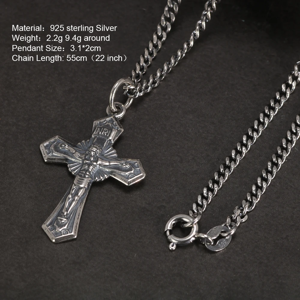 Sterling Silver 925 Christian Cross Necklace Men and Women Vintage Antique Prayer Religious Pendant Jewelry