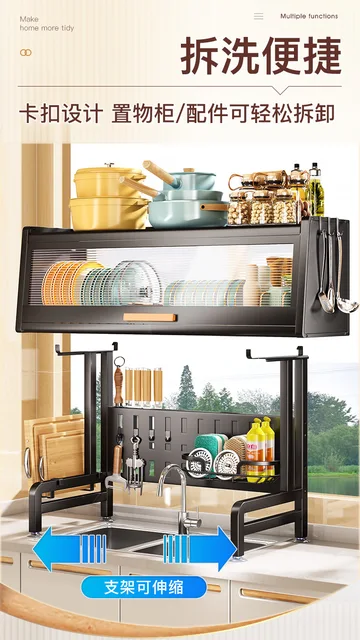 Kitchen Sink Shelf Table Top Retractable Dish Rack With Door Dish Storage  Rack Cupboard Locker Drain Rack Kitchen Organizer - Storage Holders & Racks  - AliExpress