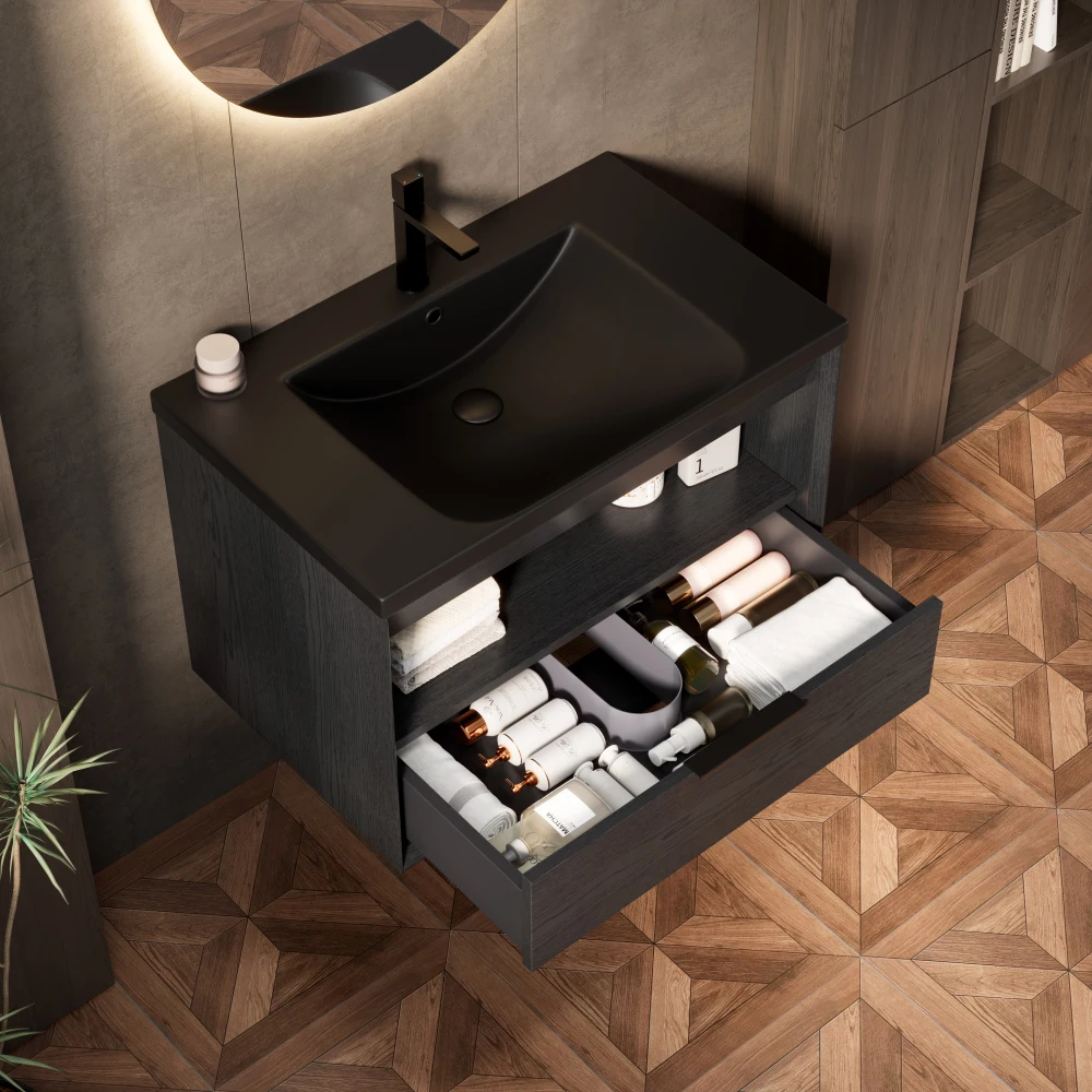 51 cm schwimmendes Badezimmerwaschbecken mit integriertem Keramikwaschbecken, Schrank aus Sperrholz mit abgeschrägter Kante, Regal und Schublade, vormontiert – Detail 7