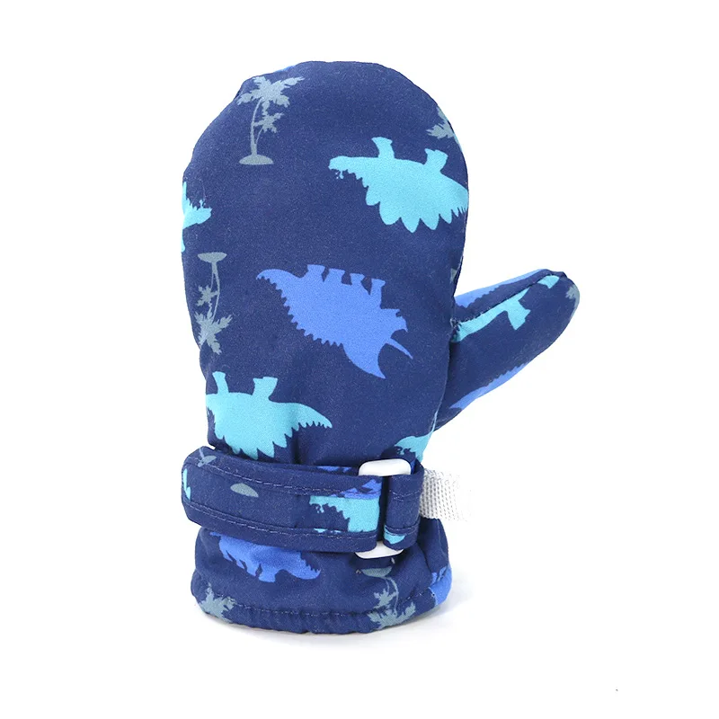 Windproof Waterproof Children Skiing Gloves Velvet Liner Warm Fingerless Gloves Dinosaur Print Baby Mittens 1-4year Plush Glove