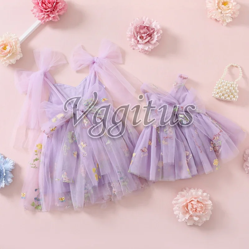 Family Matching Outfits for Summer Sweet Style Soild Color Embroidery Open Back Dress and Bodysuit for Twins Sisters E1237 - 4