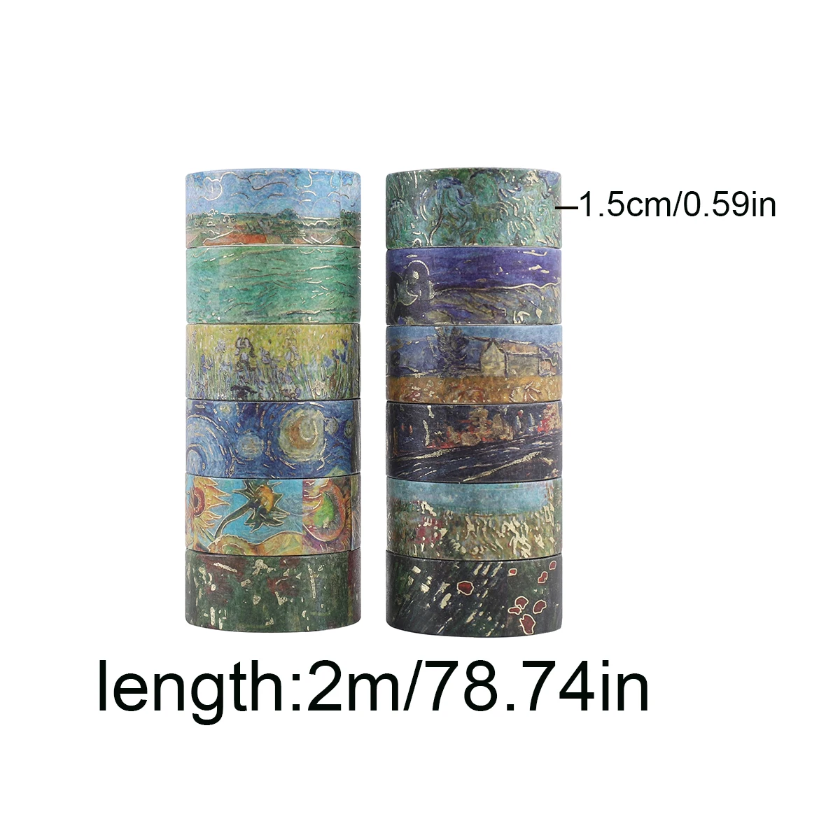 12롤 골드 포일 반 고흐 와시 테이프 세트, 1.5cm×2m 불렛 저널 호보니치 플래너 용품용 미적 장식 테이프