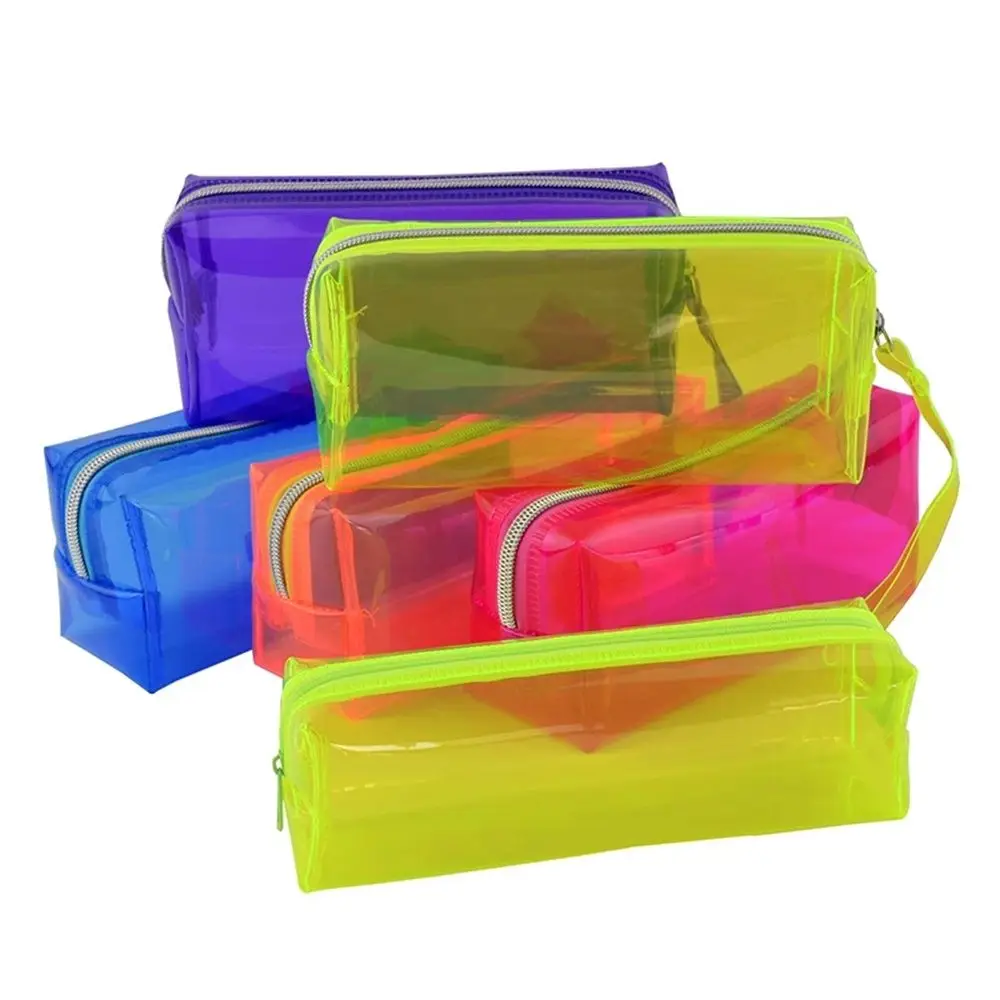 Office School Supply Fluorescent PVC Transparent Stationery Pen Holder Bag Cosmetic Bag Pens Storage Case Pencil Case