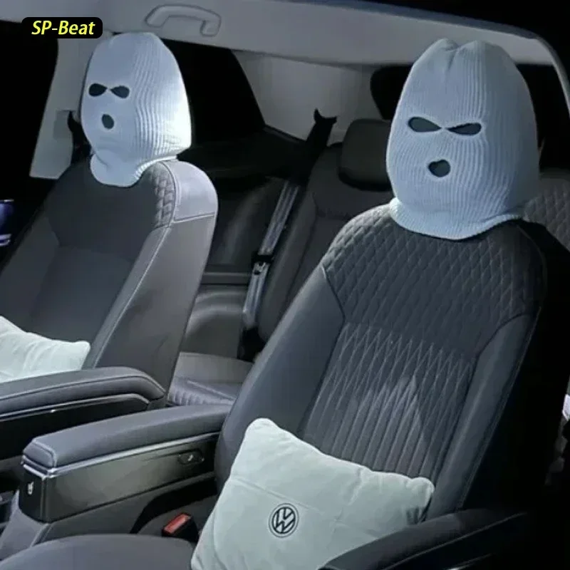 2pcs Car Seat Cover Masked Person KnittedHeadgear Halloween Headrest Cover Decoration CarAnti-theft Warning Accessories