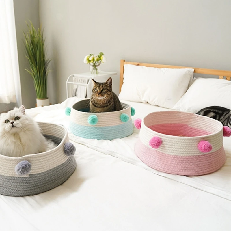 

K5DC кровать ручной работы хлопковая Плетеная Корзина круглая гнездо моющаяся для домашних кошек