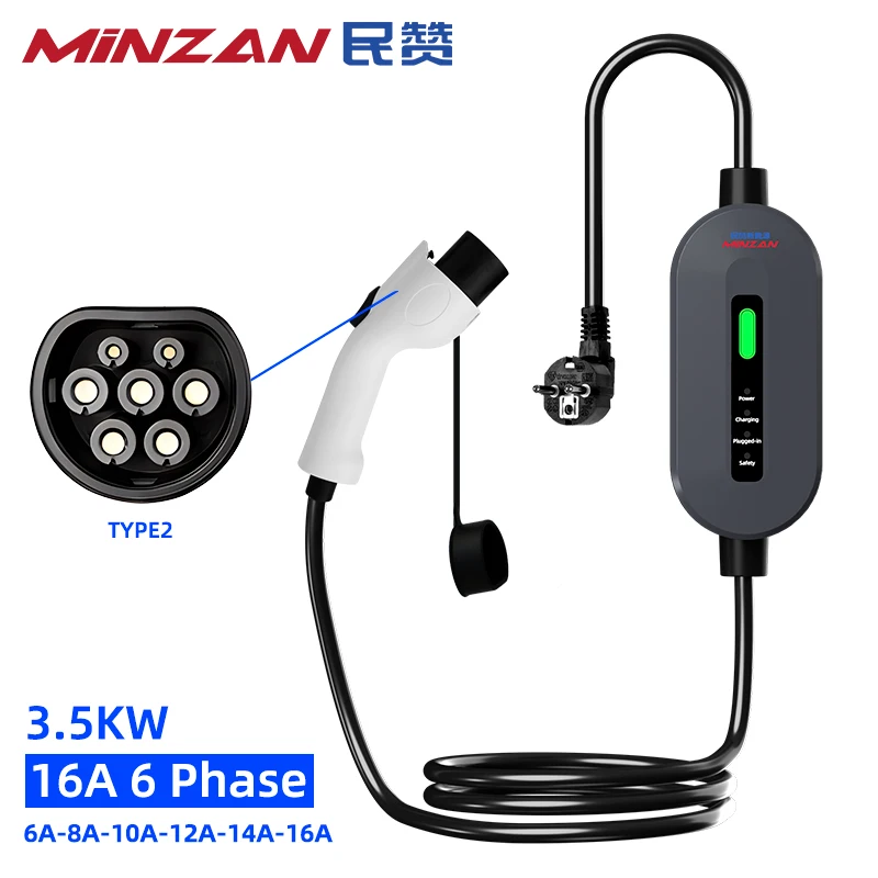 Minzan Portable Type2 Iec62196-2 Ev Charger 16A Gb/T Evse Cavo Di Ricarica Eu Plug Controller Wallbox Per Auto