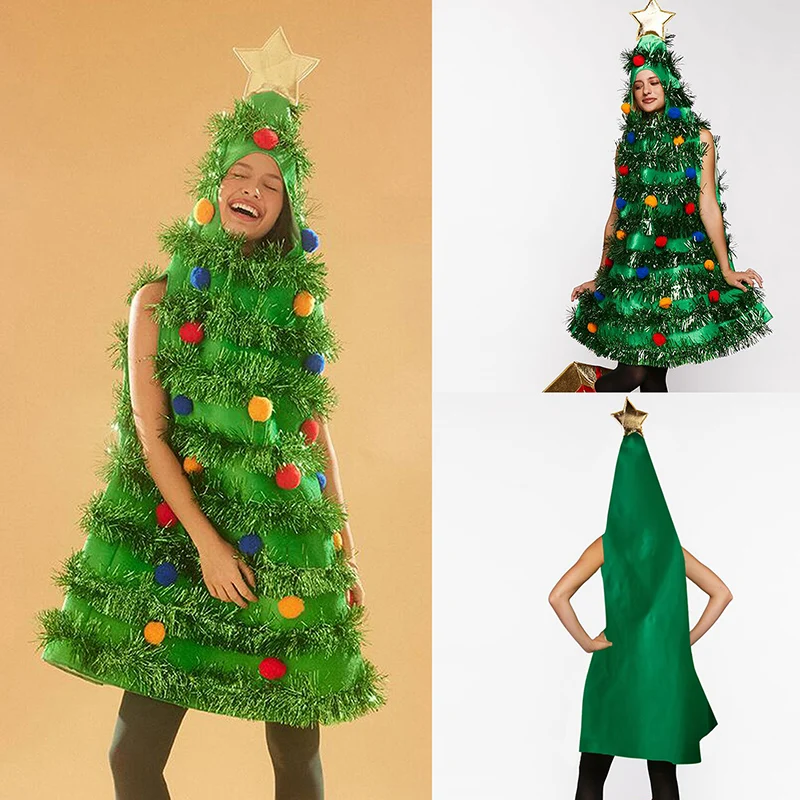 Christmas Tree Costume Sleeveless Hood Tops Green Plush Star Tinsel Adult Cosplay Party Prop Festive Holiday Outfit