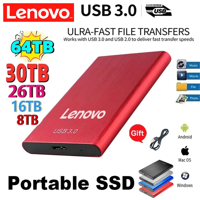 Lenovo Portable High-speed  2TB SSD 8TB External Hard Drive Mass Storage USB 3.0 Interface Storage for Laptops Computer Notebook