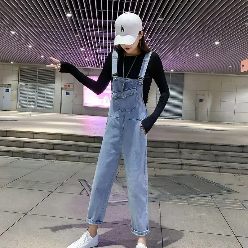 

Women Denim Cuffs Overalls Streetwear Loose Jumpsuit Korean Straight Straight Pants Casual Jeans All-matching Trousers T534