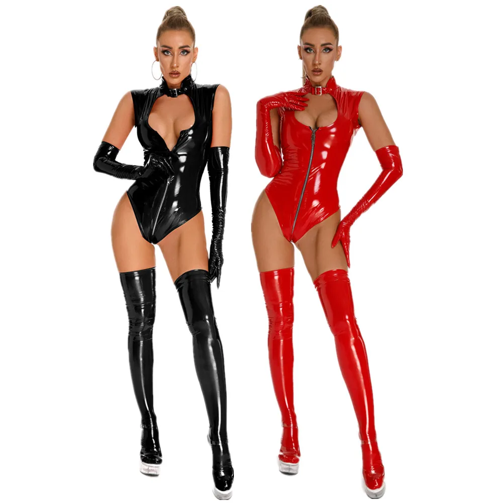 

Women Sexy Jumpsuits Wet Look Patent Leather Bodysuit with Gloves Stocking Glossy Latex Zipper Catsuit for Club Pole Dancing