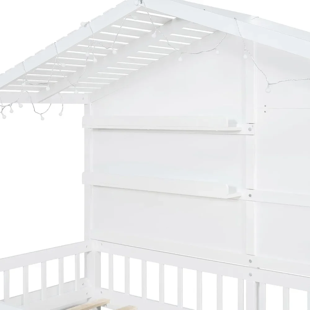 Twin Size House Bed with Storage Shelves and Fence,Sparkling Light Strip on The Roof for Children Teens Adults 5