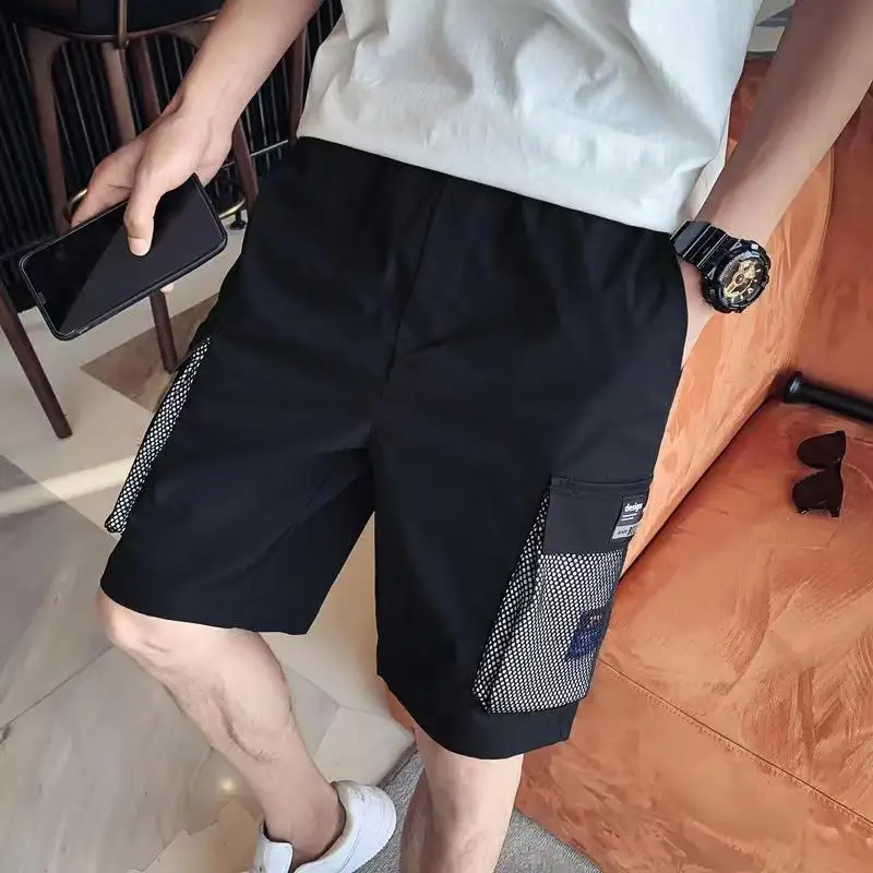 2024 Men's Summer New Color Blocking Thin Style Elastic Spliced Pockets Casual Loose and Trendy Versatile Sports Knee Pants