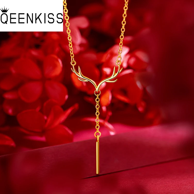 

QEENKISS 24KT Gold Antler Necklace For Women Be With You Tassel Necklace Wedding Jewelry Wholesale Gift Free Shipping NC5343