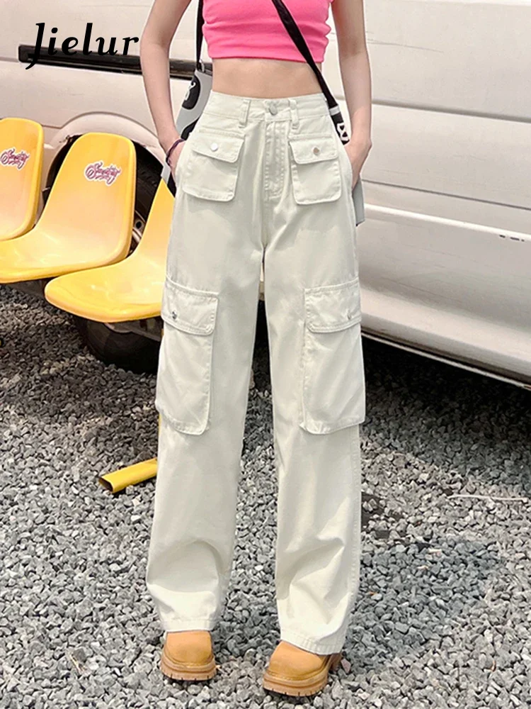 

Jielur Джинсы-карго женские с завышенной талией, модные однотонные свободные штаны из хлопка с широкими штанинами, в американском стиле, шикарные штаны из денима, на лето