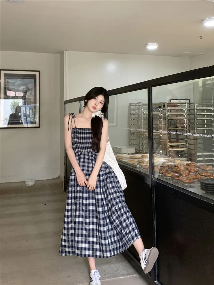 

Женское пляжное платье, офисные винтажные платья в клетку без рукавов, с воланом, на бретелях-спагетти, с высокой талией, в Корейском стиле, лето 2024
