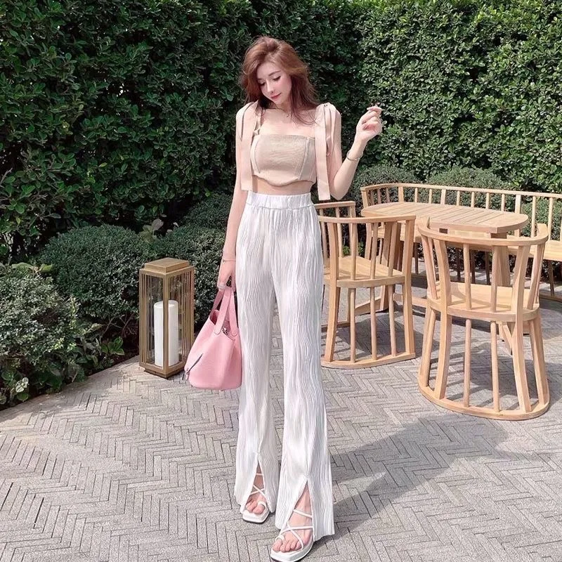 

Брюки-стрейч женские повседневные, модная уличная одежда, простые широкие брюки с завышенной талией, с передним разрезом, в Корейском стиле