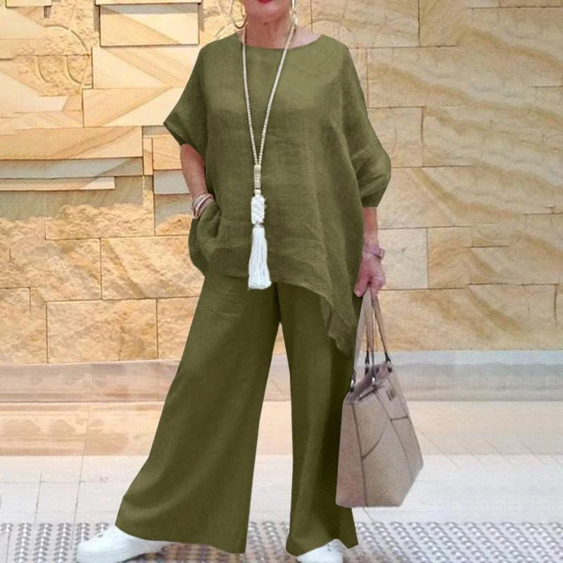 

Fashion Summer Solid Color Long Sleeve T-shirt Asymmetric Wide Leg Pants Women's Cotton Set Women's Casual Loose Two Piece Set