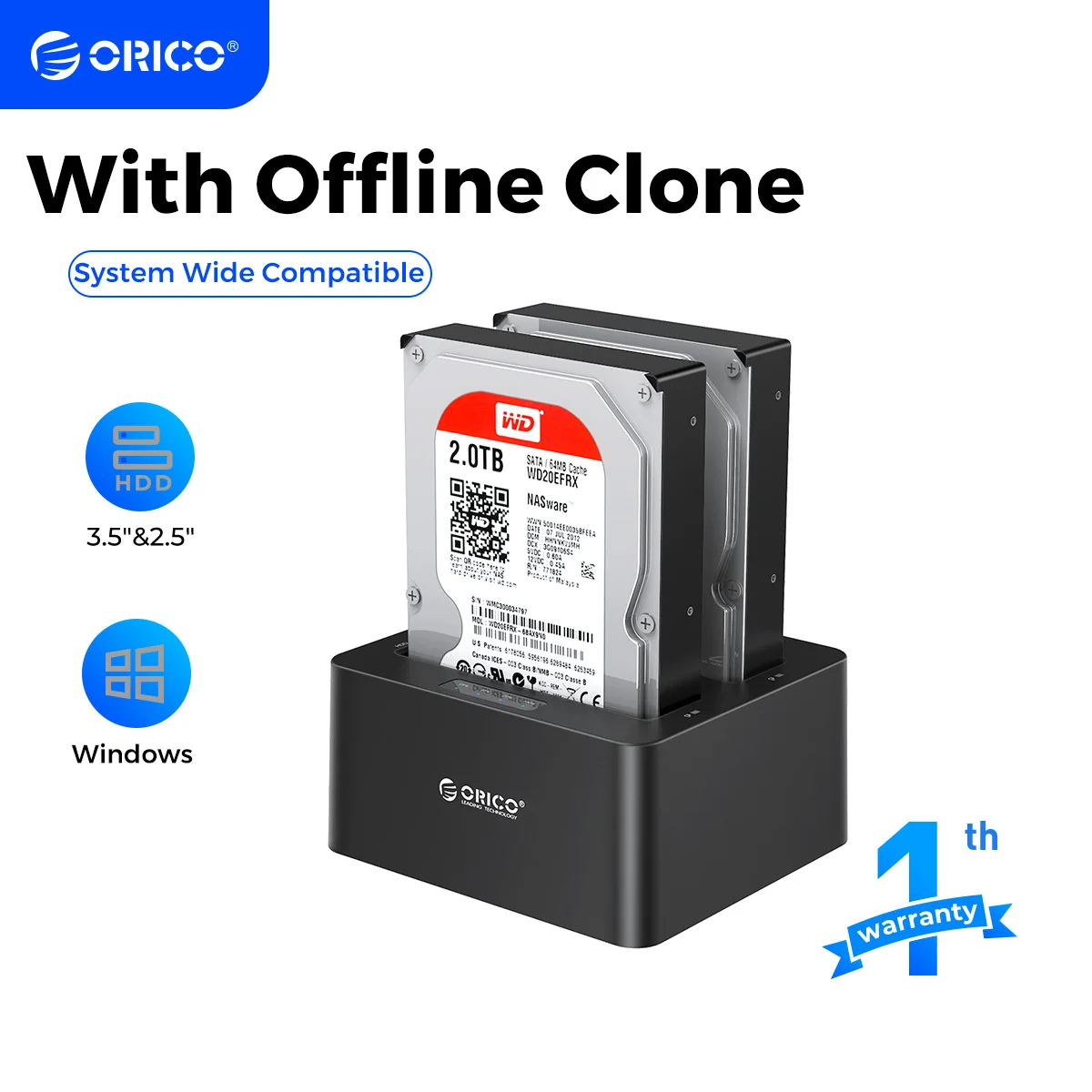 

ORICO 2 Bay SATA to USB3.0 External Hard Drive Docking Station for 2.5"/3.5" HDD with Clone Function 12V Power Adapter