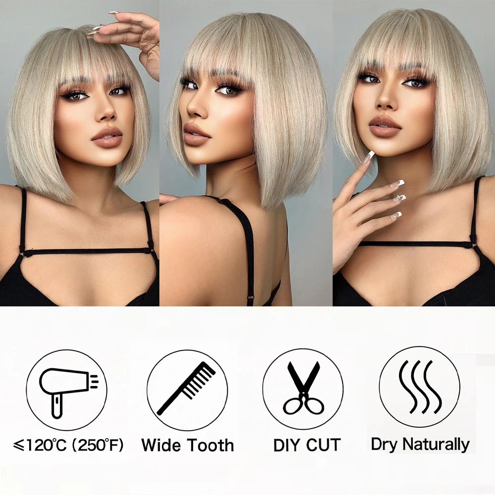 EASIHAIR Synthetic Bob Wigs with Bang Short Straight Light Blonde Beige Natural Hair Wigs for Women Daily Cosplay Heat Resistant_voghion.com