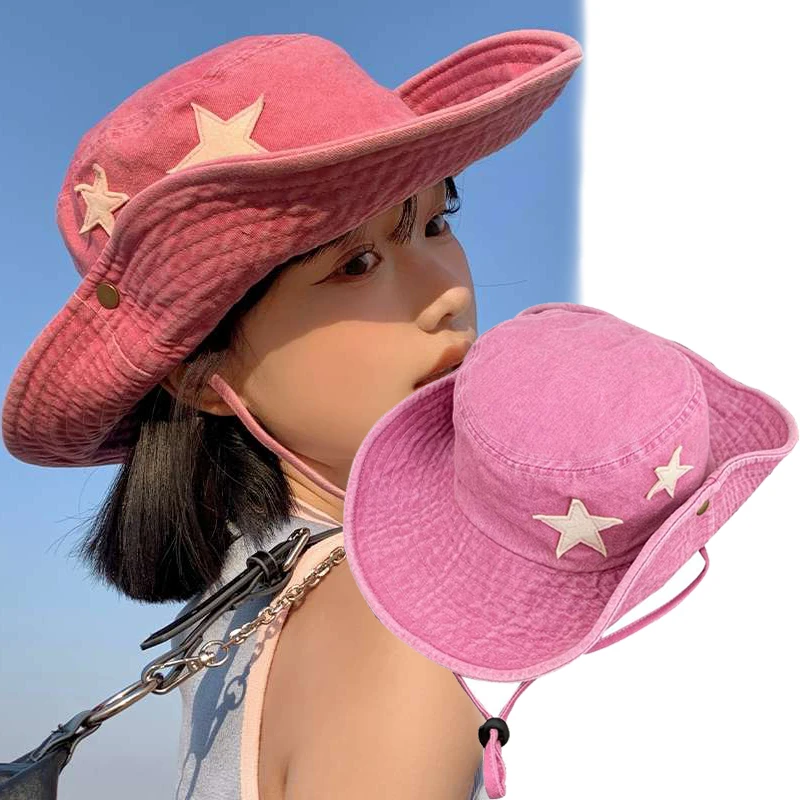 Hot Sale Punk Stars Bucket New Summer Y2K Star Pink Retro Big Brim Outdoors Sun Protection Girl Cowboy Hat Casual Jazz Cap_senzul.com