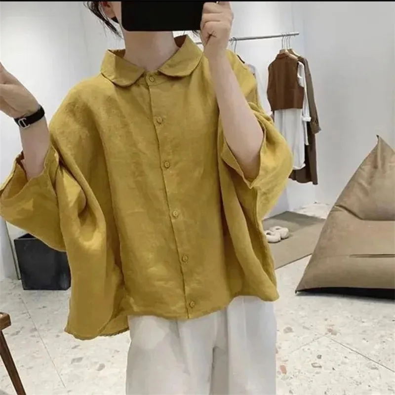 

Cotton And linen Women's Shirt 2023 Summer New Three-quarter Sleeve Bat sleeved Loose oversized slimming Doll Collar Blouse Lady