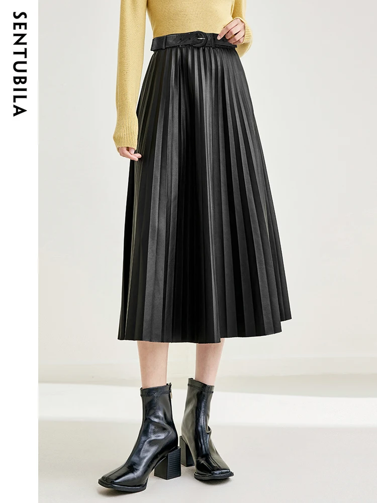 

SENTUBILA Pleated Pu Leather Fashion Skirt Women Elegant Black Midi A-Line Simple Versatile Spring Autumn Lady Skirts 133Q51447