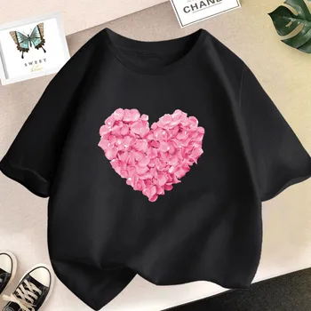 Pink Heart Flower Print Girls Tshirt Casual Cute T-Shirt Gift Yong Girl Fashion Floral Kids Summer Clothes 1