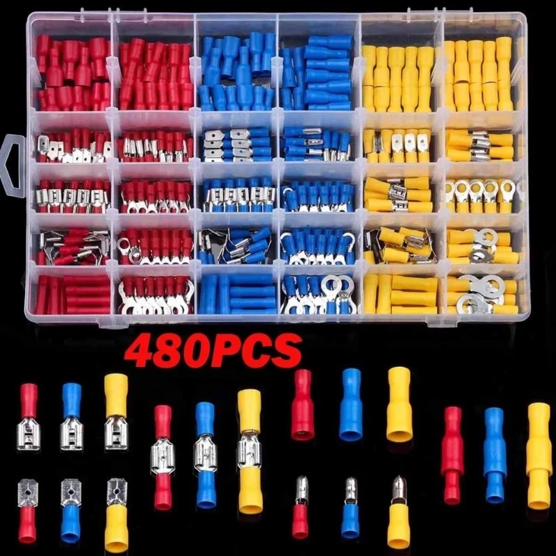 

480PCS Insulated Cable Connector Electrical Wire Crimp Spade Butt Ring Fork Set Ring Lugs Rolled Terminals Assorted Kit