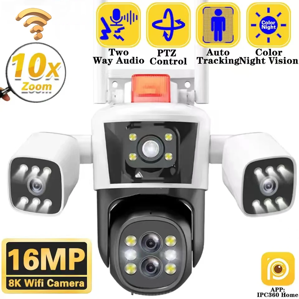 IP-камера видеонаблюдения 8K, 16 МП, 10X, Wi-Fi, 4 объектива