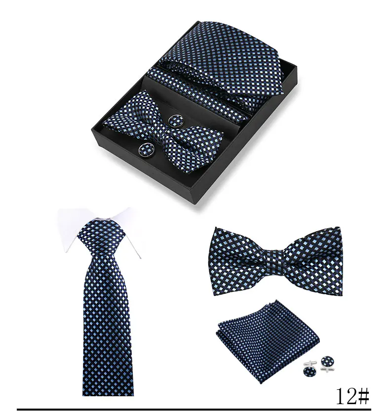 Hochwertige handgefertigte Krawatten, Fliege, Einstecktücher, Manschettenknopf-Set, kariertes gestreiftes Krawatten-Set in Geschenkbox für Männer, passend für die Hochzeit am Arbeitsplatz – Detail 16