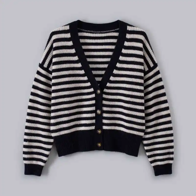 

2023 Early Autumn New Women Navy Blue Striped V-neck Knitted Long-sleeved Cardigan