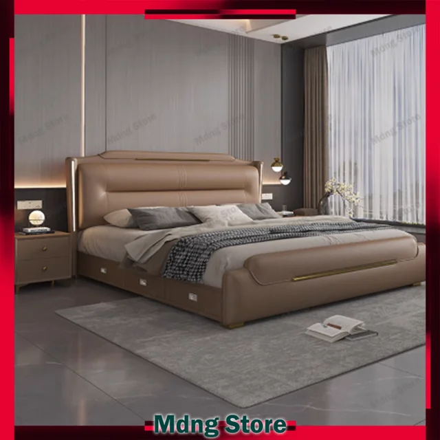 Chambre à coucher de luxe lit sommeil minimaliste européen tables de nuit tissus d'ameublement lits Queen Lounge Letto Matrimoniale meubles d'hôtel 1