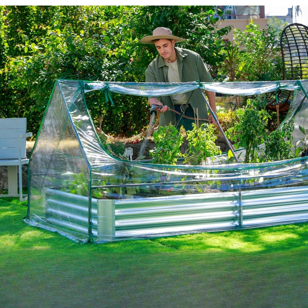 

8×4×1ft Galvanized Raised Garden Bed with Waterproof Cover, Small Mini Portable Antifreeze Greenhouse Kit for Metal Planter Box