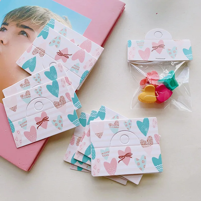 50pcs/lot 6.4x4cm Foldable Packaging Paper Cards Heart Pattern Cards for Handmade Jewelry Retail Hang Tag Pink Bow Display Label