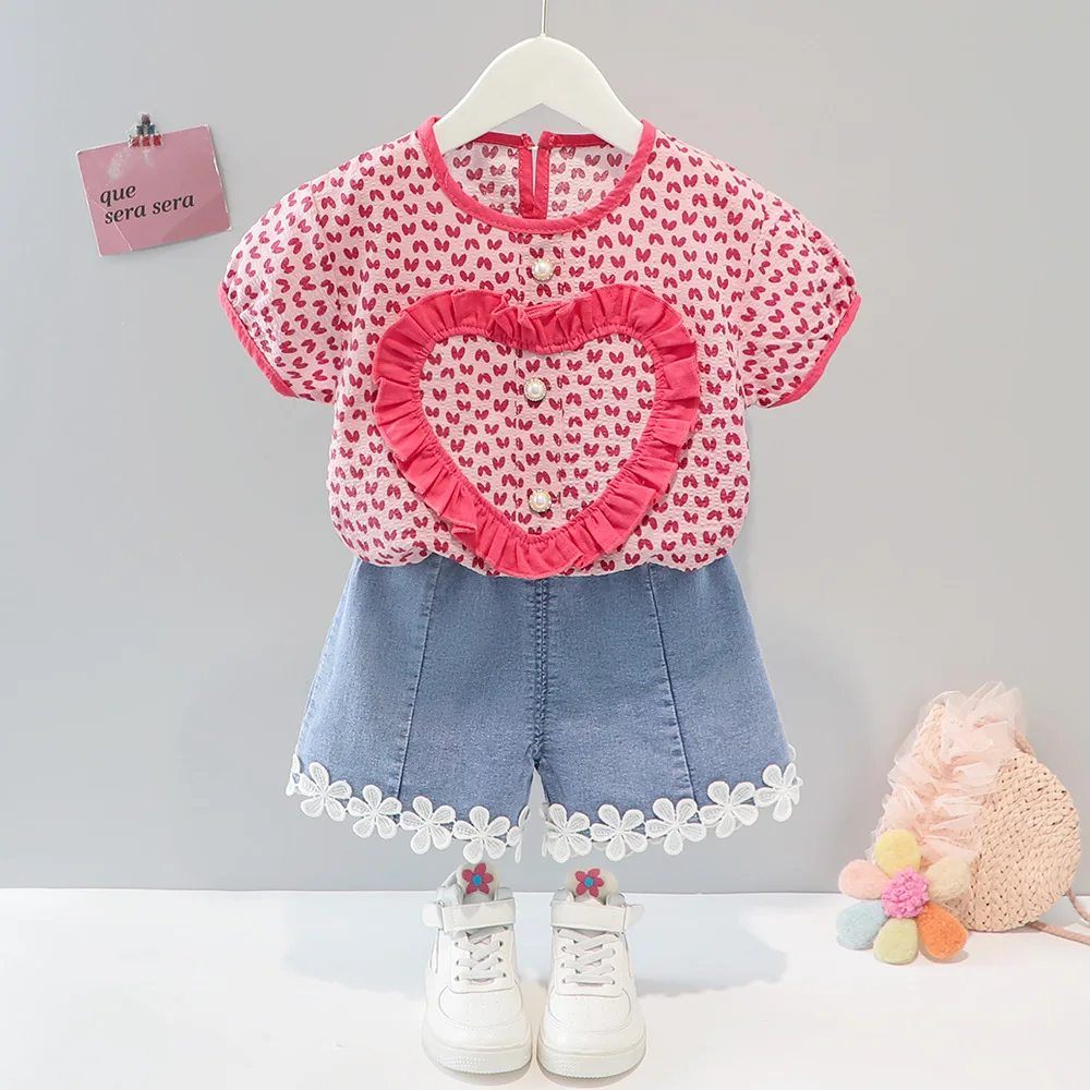 

Kids Girls' Clothes Outfits Sets Summer Baby Girls Clothing Set Print Short T-shirt Tops Denim Short 2Pcs Children Costume