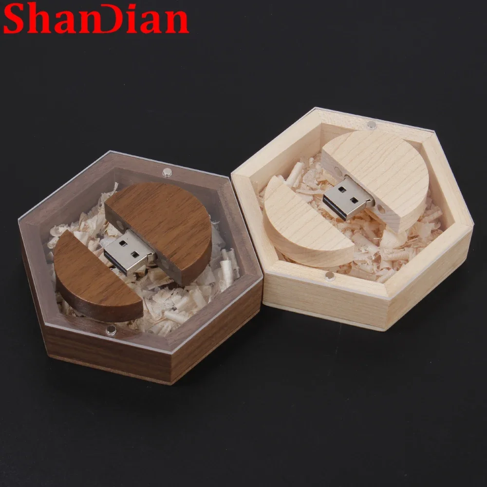 thumbnail image 5 of Memorias USB SHANDIAN para fotografía de bodas, memoria USB de madera con logotipo grabado gratis, caja hexagonal creativa, memoria USB de varios estilos, 5 of 5